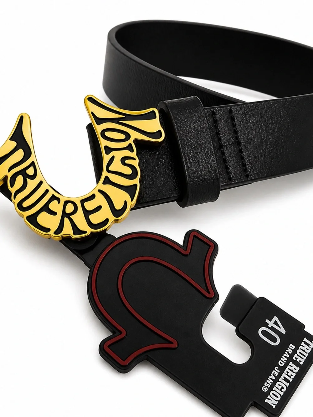 True Religion Black Leather Belt Sz 40 Men’s Gold Logo Buckle Horseshoe NWT